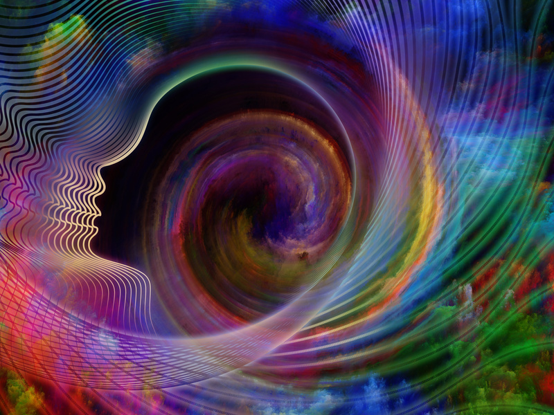 Internal Recurrence series. Interplay of human profile and fractal colors on the subject of inner reality, mental health, imagination, thinking and dreaming